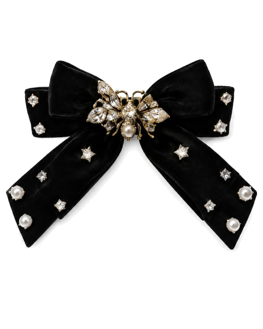 Crystal Bee & Pearl Velvet Bow Barrette