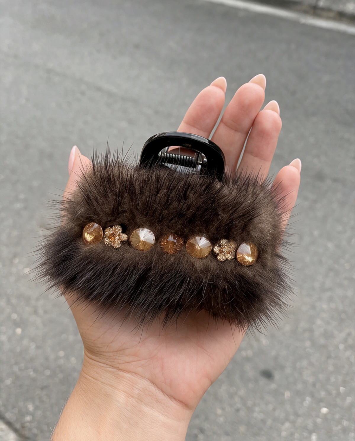 Faux Fur Crystal Hair Jaw - Brown, in hand