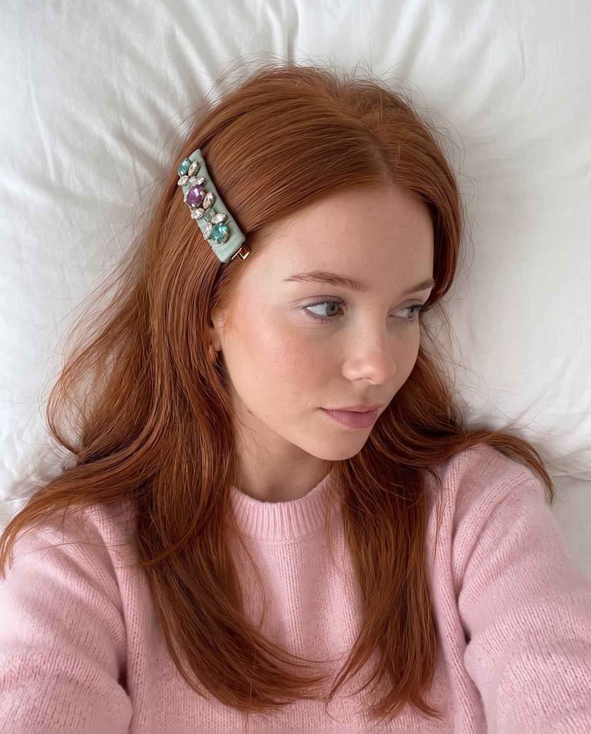 Crystal Jewel Velvet Barrette - Green, on model