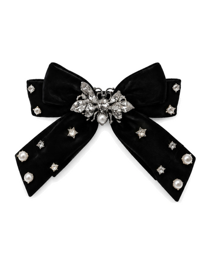 Crystal Bee & Pearl Velvet Bow Barrette
