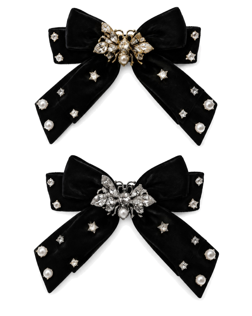 Crystal Bee & Pearl Velvet Bow Barrette