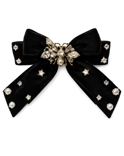 Crystal Bee & Pearl Velvet Bow Barrette
