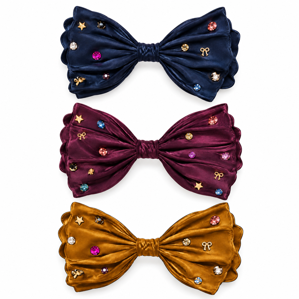 Jeweled Charm Satin Bow Barrette
