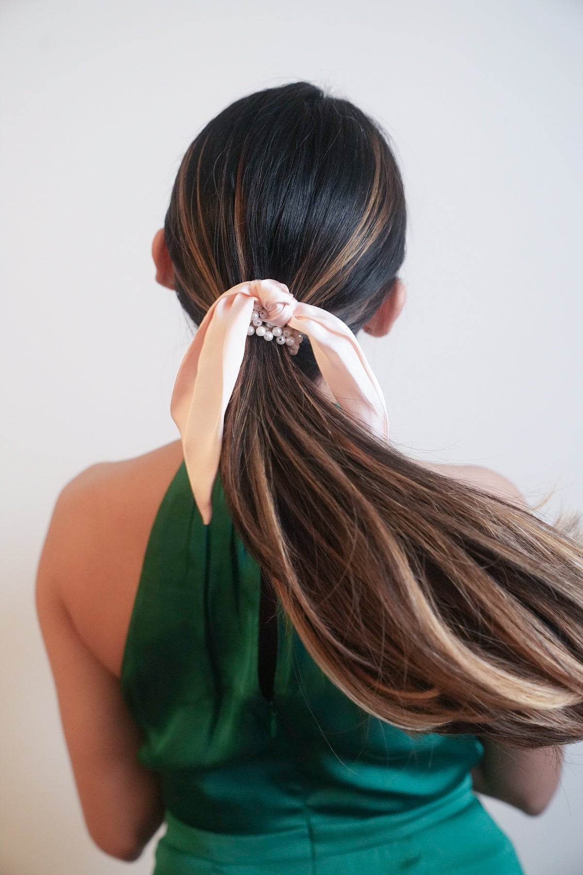 Pearl and Silky Bow Scrunch Ponytail Holder Sale