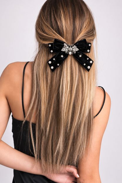 Crystal Bee & Pearl Velvet Bow Barrette