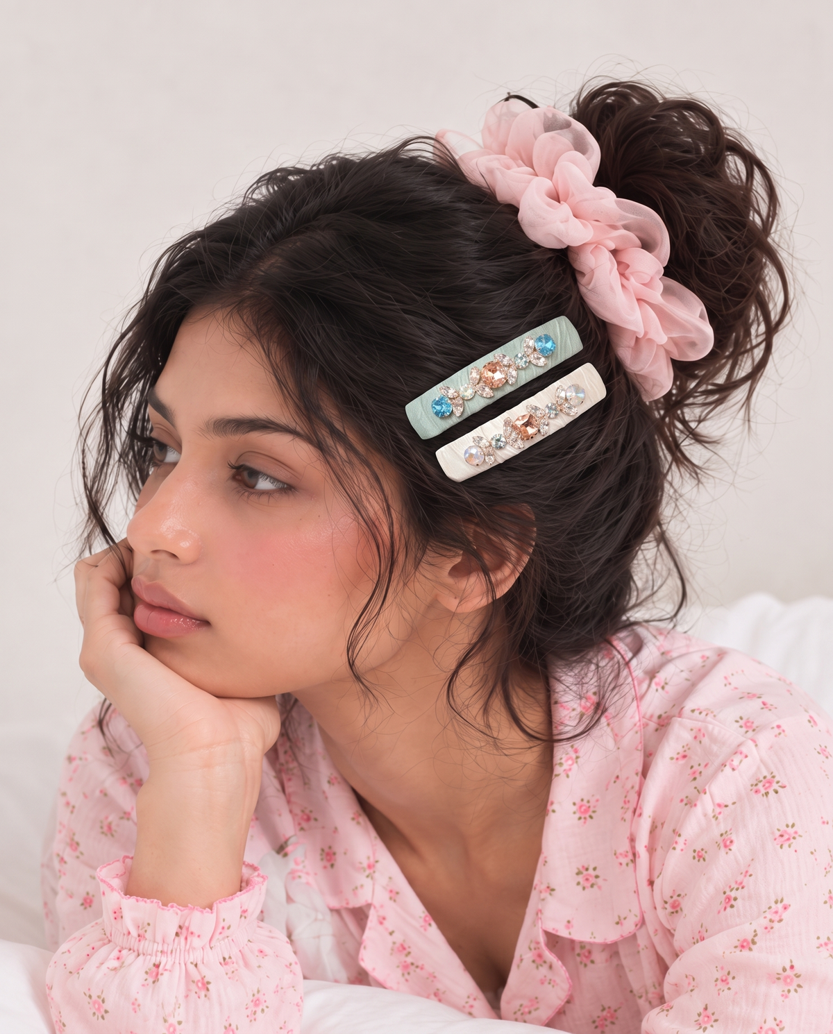 Crystal Jewel Velvet Barrette - Green and Clear, on model