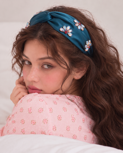 Satin Crystal Flower Knot Headband - Green, on model