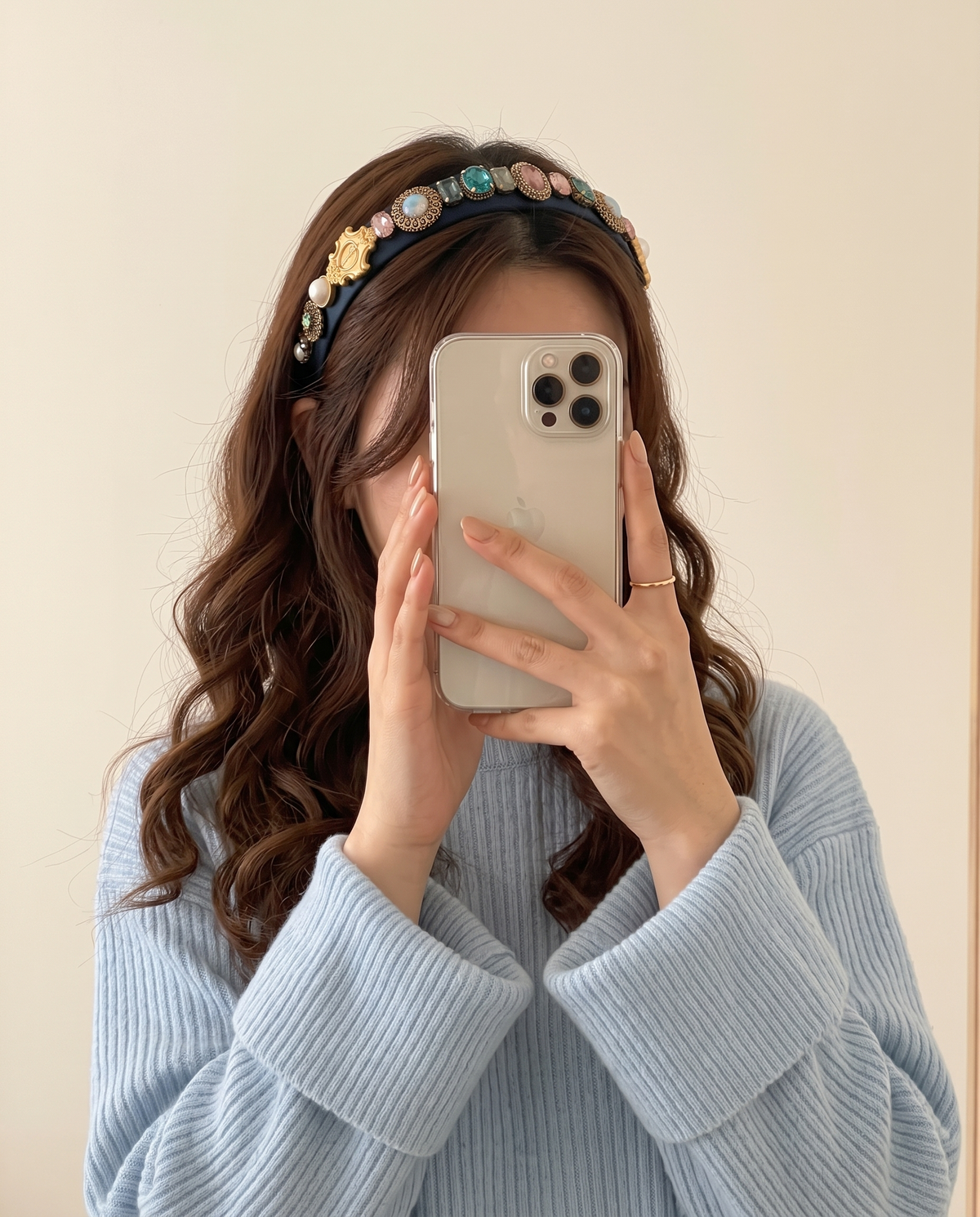 Baroque Pearl Heart Headband - Blue, on model