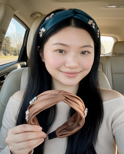 Satin Crystal Flower Knot Headband - Green and Amber, on model