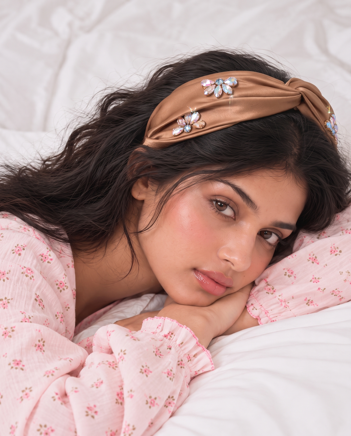 Satin Crystal Flower Knot Headband - Amber, on model