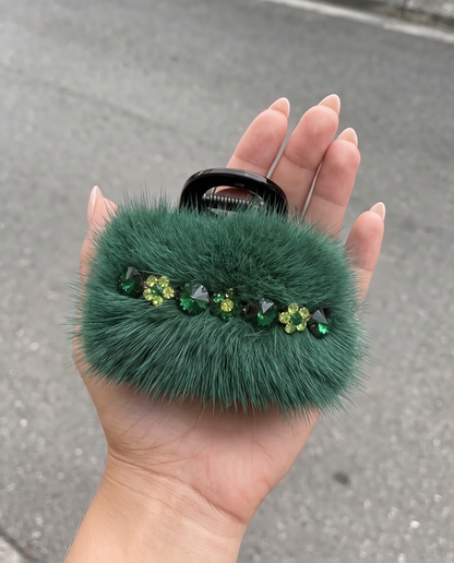 Faux Fur Crystal Hair Jaw - Green, in hand