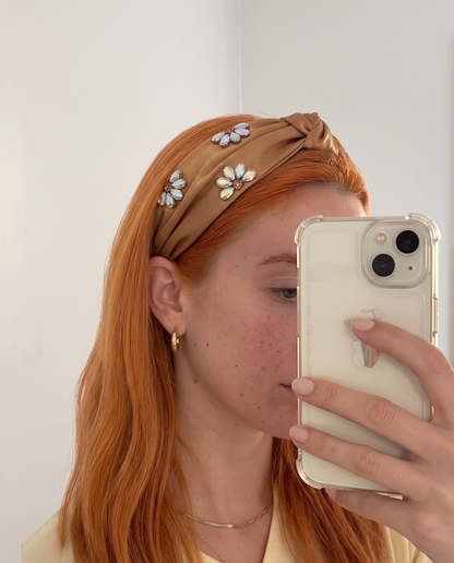 Satin Crystal Flower Knot Headband - Amber, on model