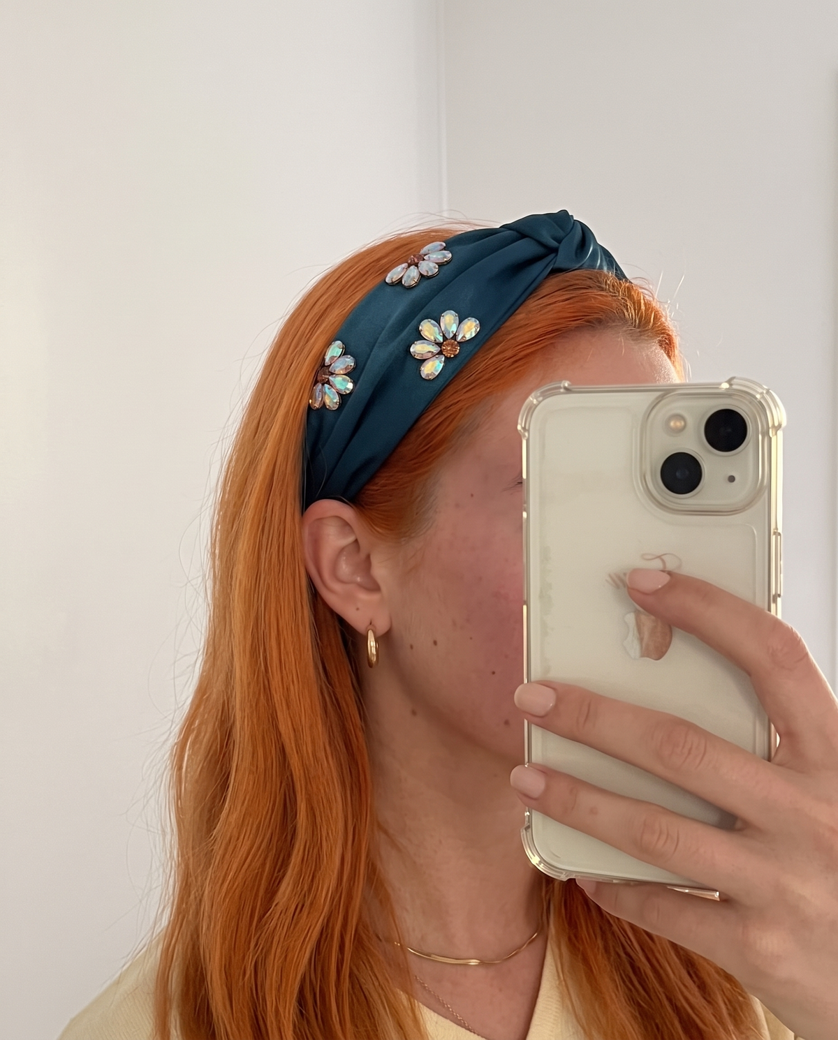 Satin Crystal Flower Knot Headband - Green, on model
