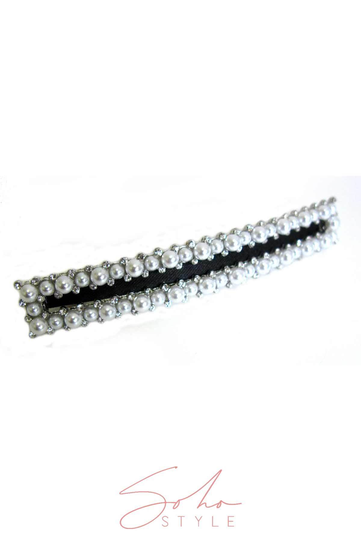Extra-Long Faux Pearl & Black Ribbon Barrette
