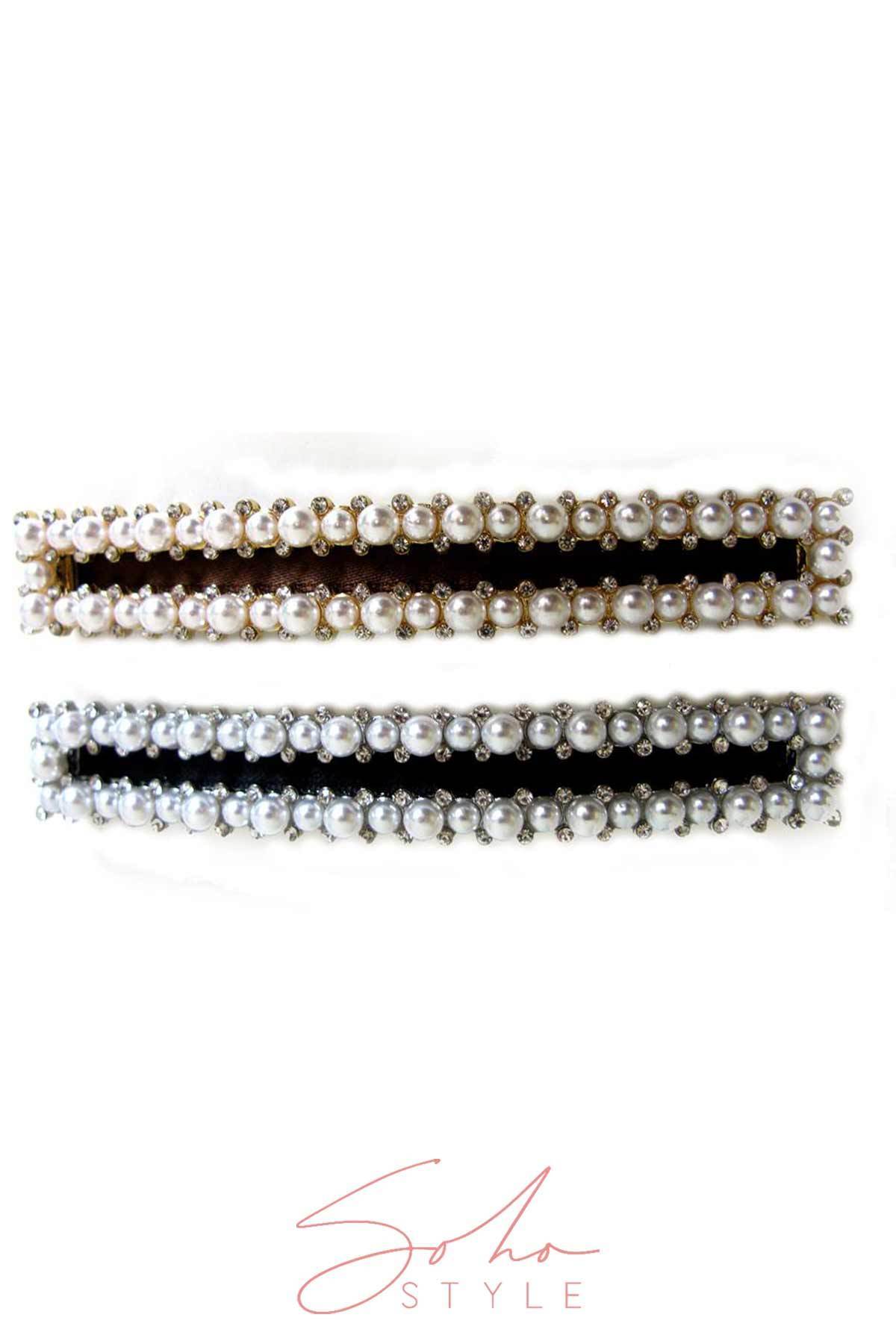 Extra-Long Faux Pearl & Black Ribbon Barrette
