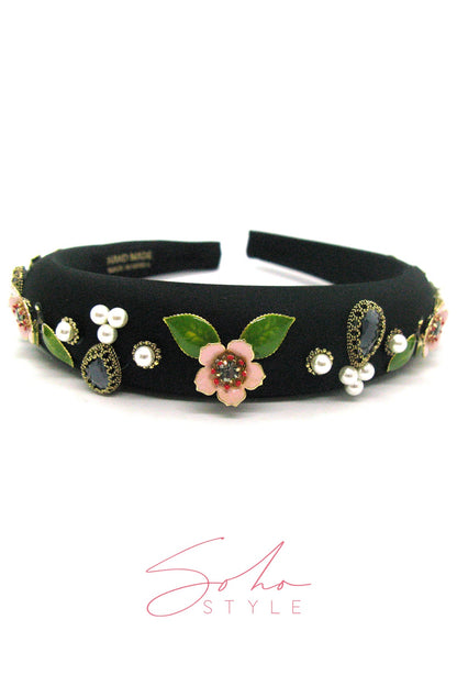 Velvet Flower Handmade Pearl Stone Ruby Headband Headband Soho Style