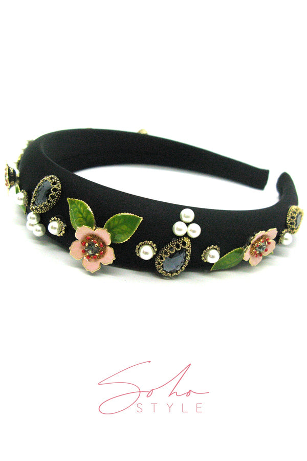 Velvet Flower Handmade Pearl Stone Ruby Headband Headband Soho Style