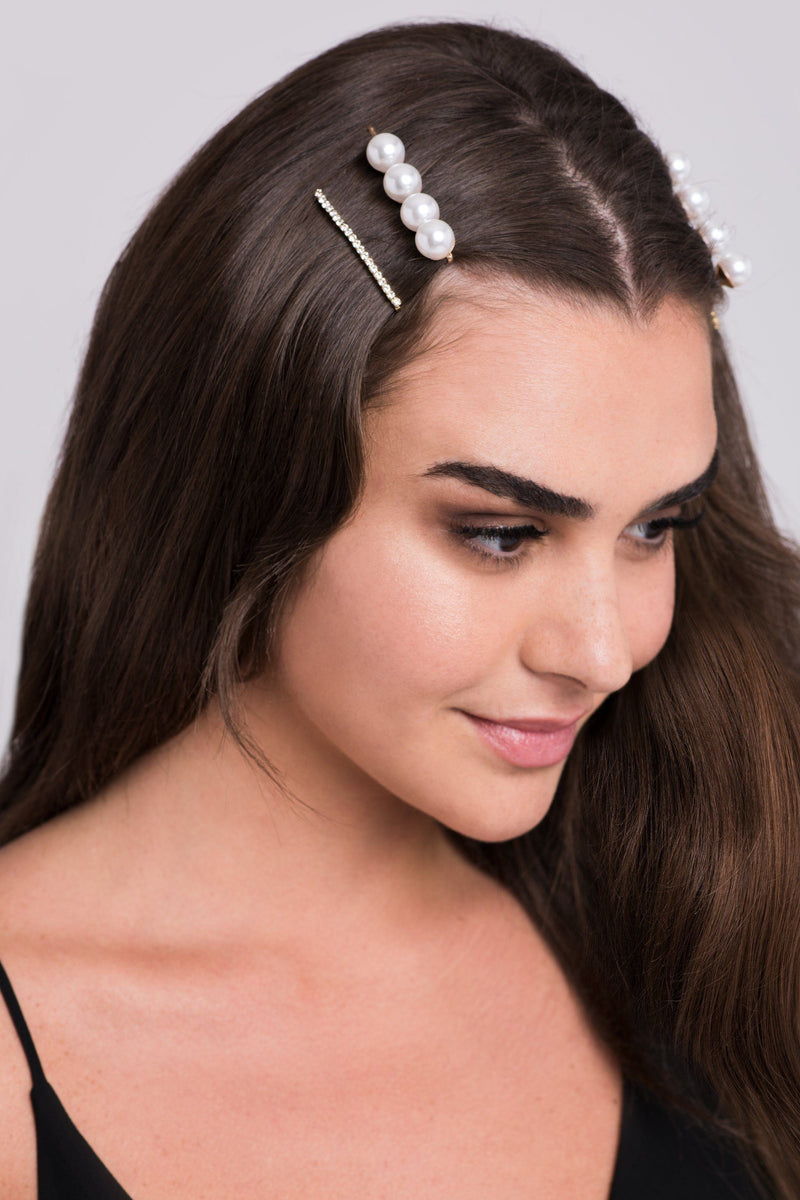 Pearls & Crystals Bobby Pin & Satin and Pearl Bow Barrette Set Hair Accessorie Soho Style