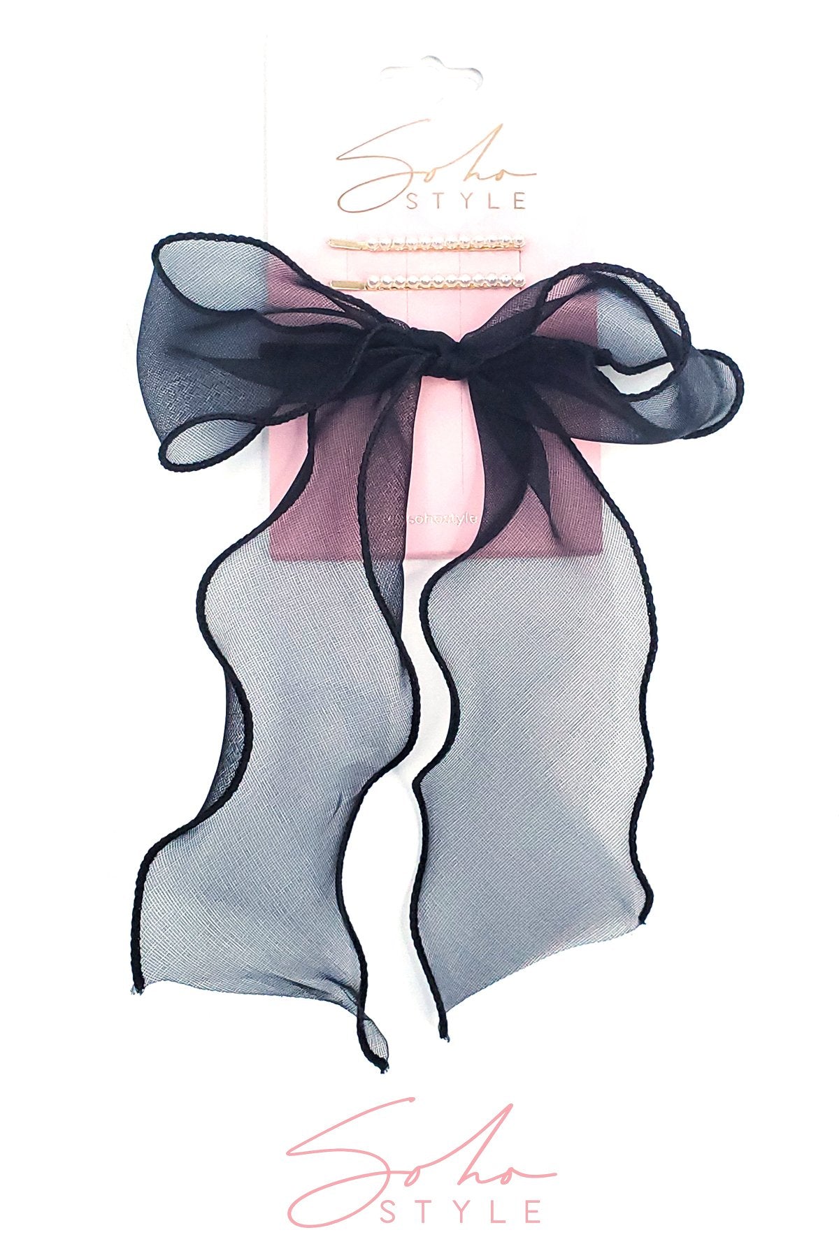 Chiffon Wire-Bow Ponytail Holder and Pearl Pop Mini Bobby Pin Set Hair Accessorie Soho Style