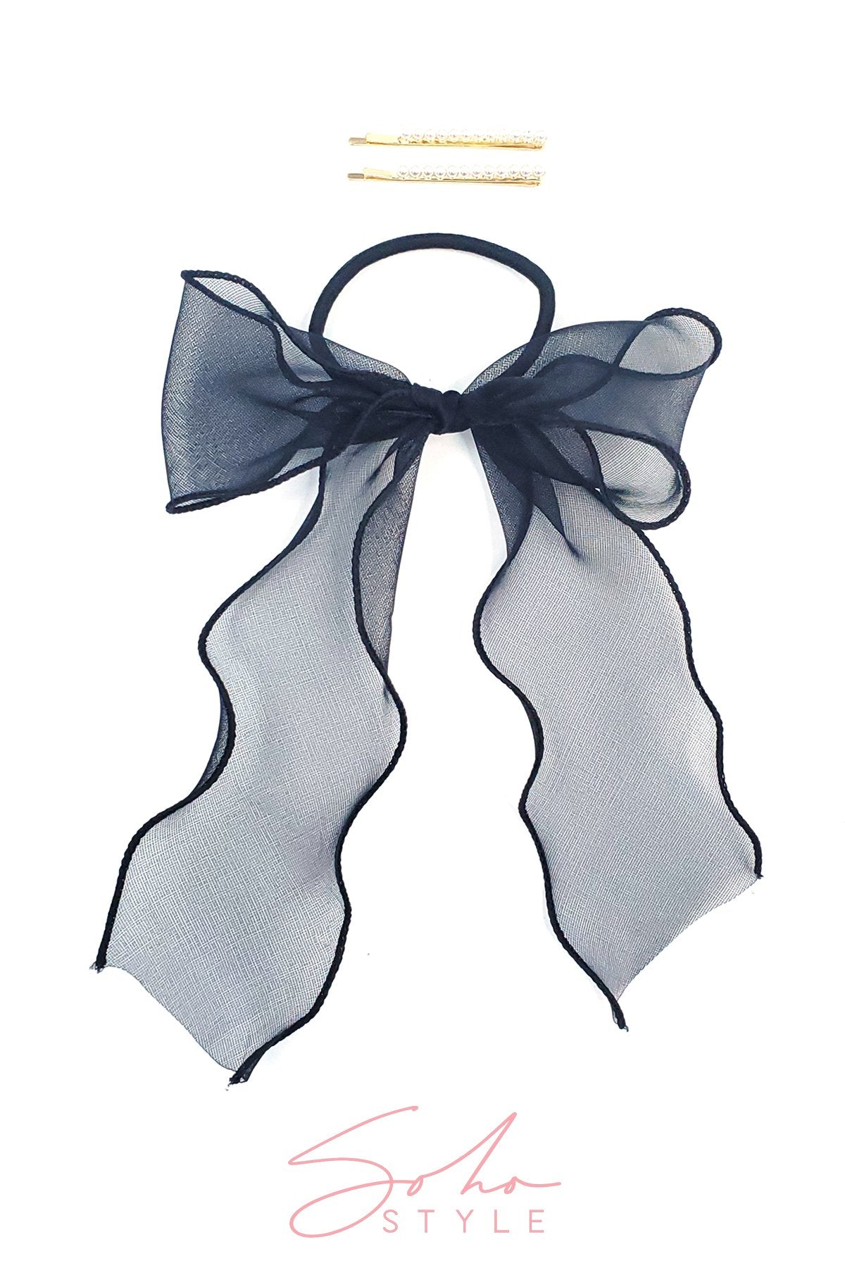 Chiffon Wire-Bow Ponytail Holder and Pearl Pop Mini Bobby Pin Set Hair Accessorie Soho Style