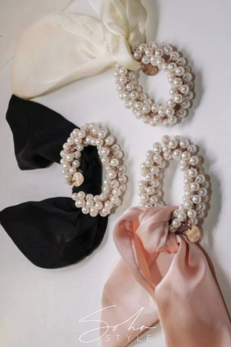 Pearl and Silky Tie Bow Decor Scrunchy Ponytail Holder Sale