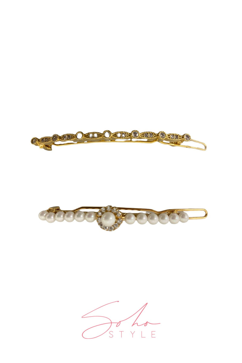 Cute rhinestones in white pearl gold waves hair barrettes set Barrette Soho Style