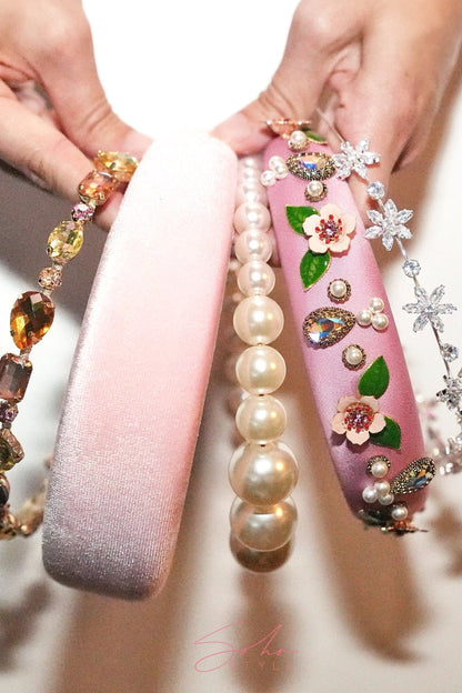 Velvet Flower Handmade Pearl Stone Ruby Headband Headband Soho Style