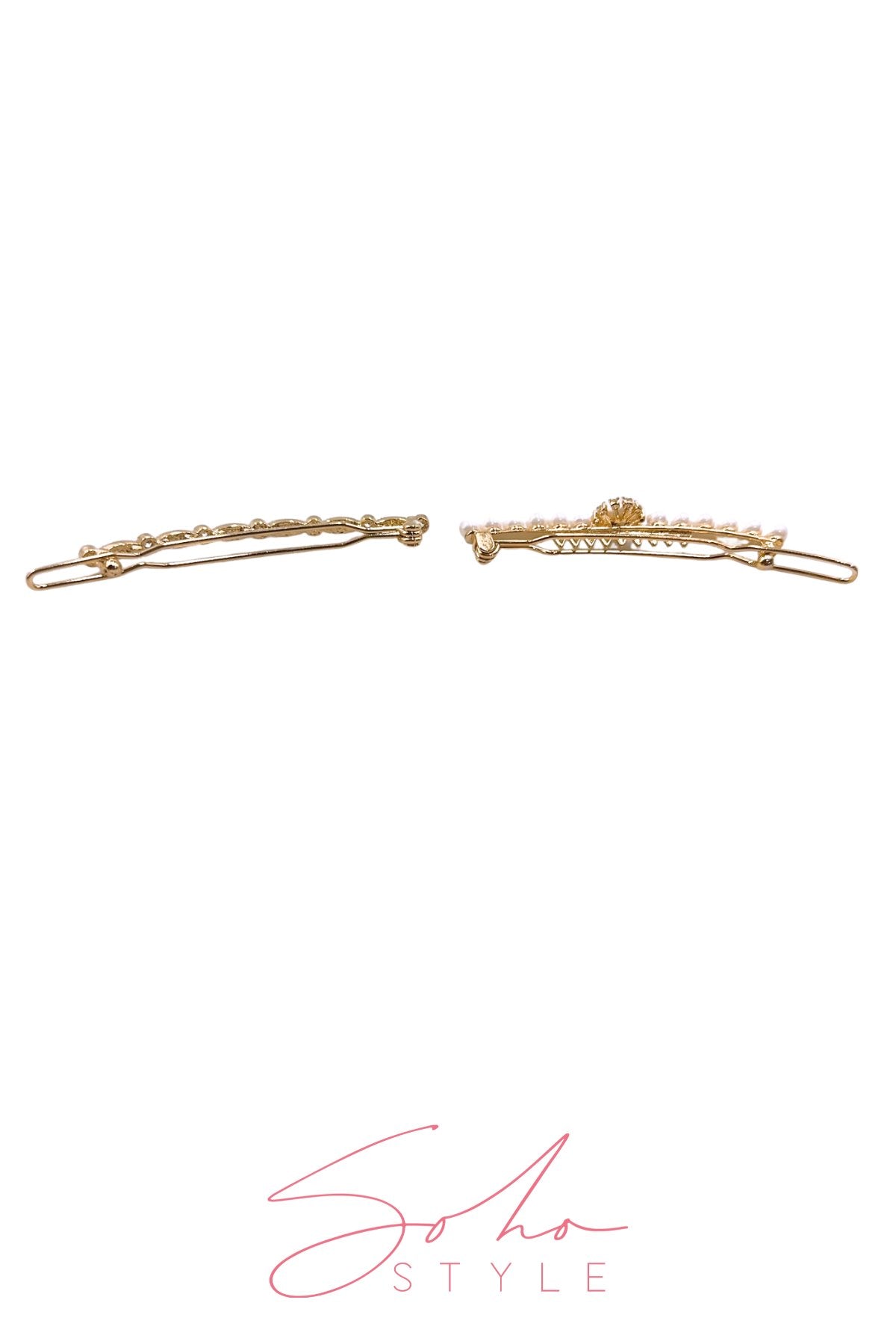 Cute rhinestones in white pearl gold waves hair barrettes set Barrette Soho Style