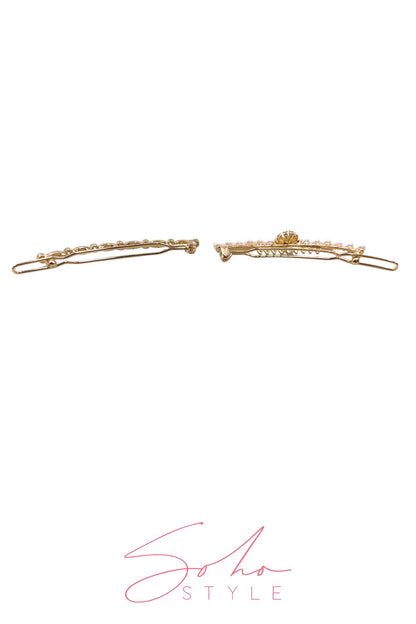 Cute rhinestones in white pearl gold waves hair barrettes set Barrette Soho Style