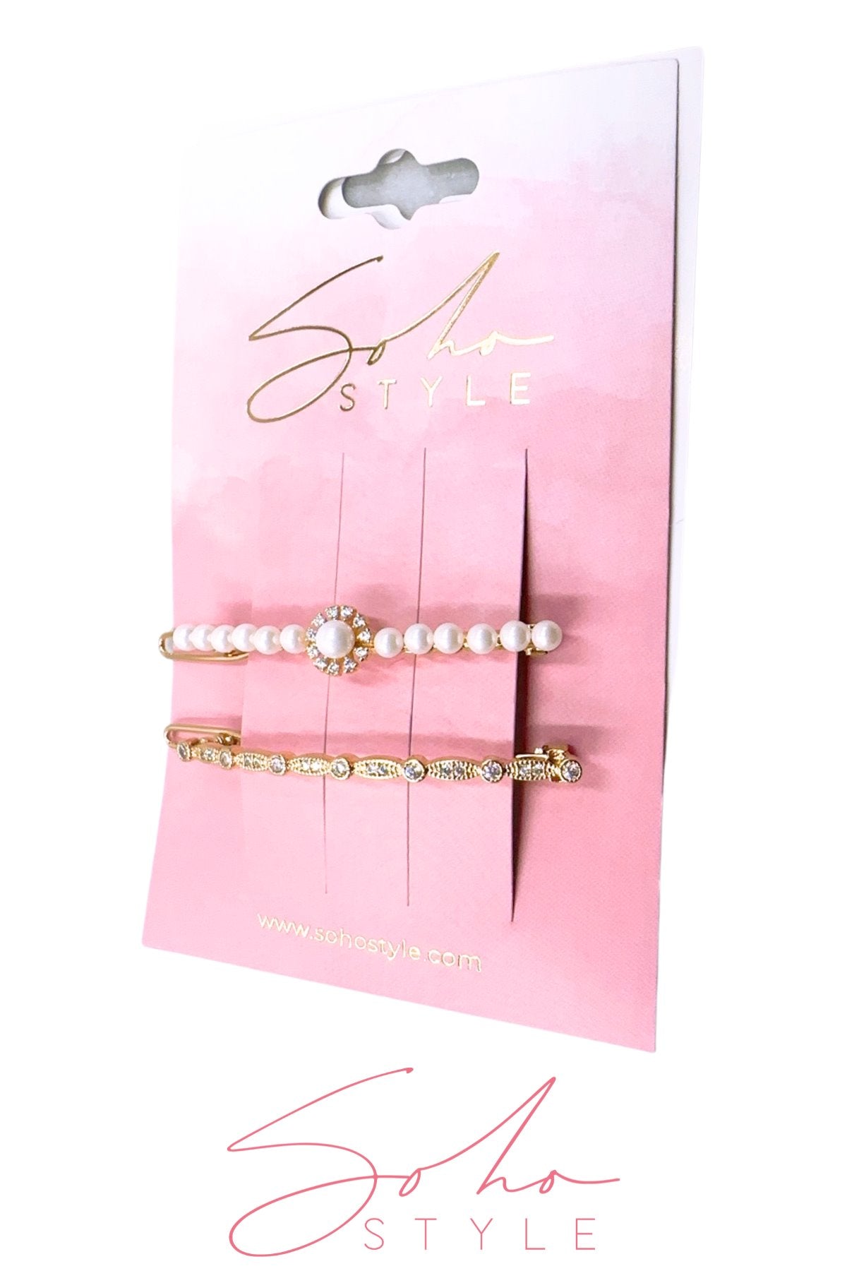 Cute rhinestones in white pearl gold waves hair barrettes set Barrette Soho Style