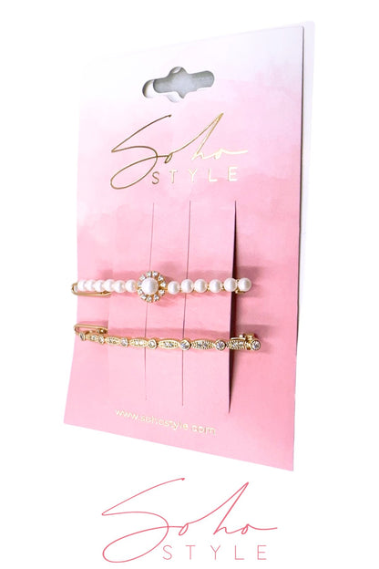 Cute rhinestones in white pearl gold waves hair barrettes set Barrette Soho Style