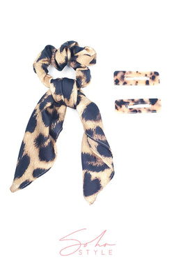 New Hollywood Glam Leopard Bow Scrunchie and Tortoise Resin Hair Clip Set Hair Accessorie Soho Style