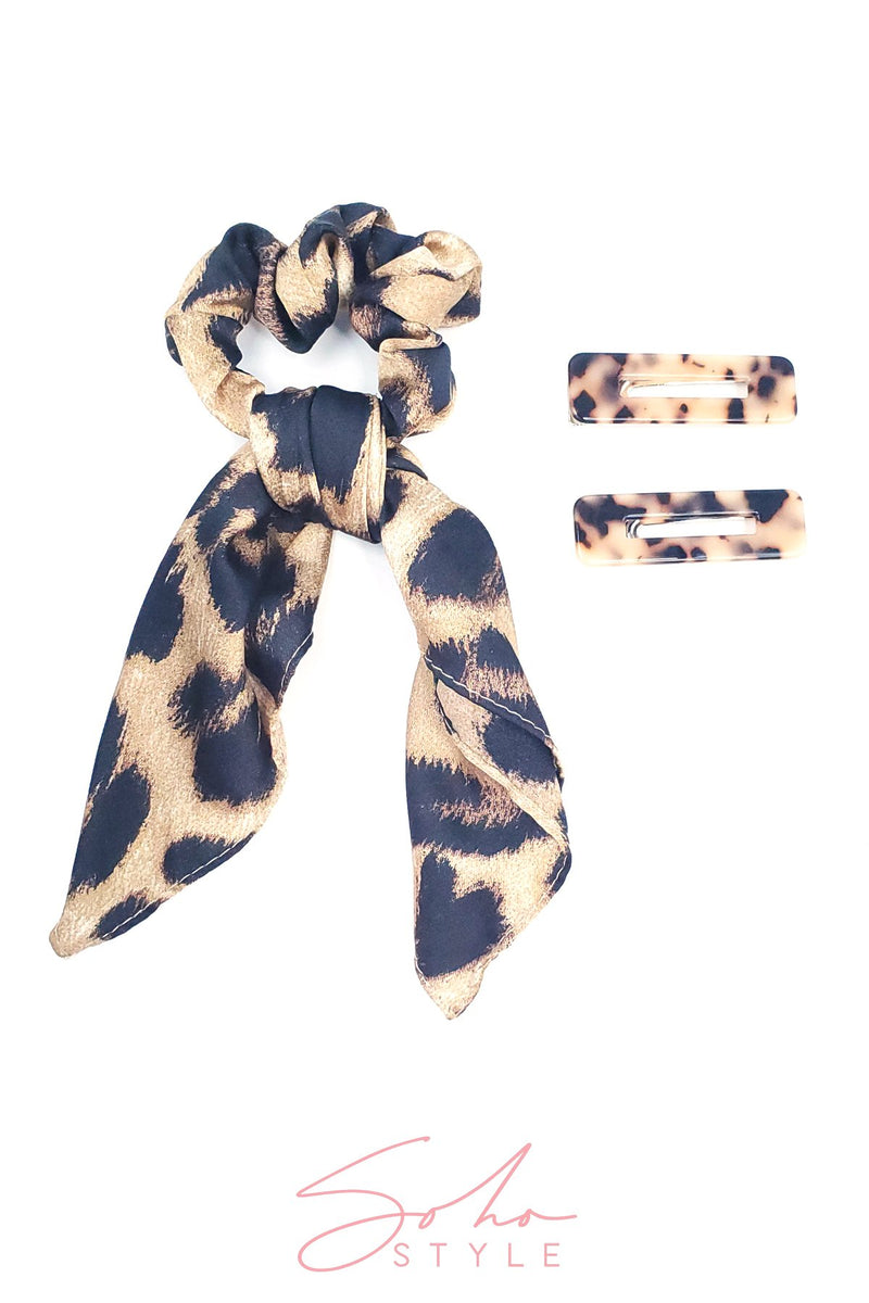 New Hollywood Glam Leopard Bow Scrunchie and Tortoise Resin Hair Clip Set Hair Accessorie Soho Style